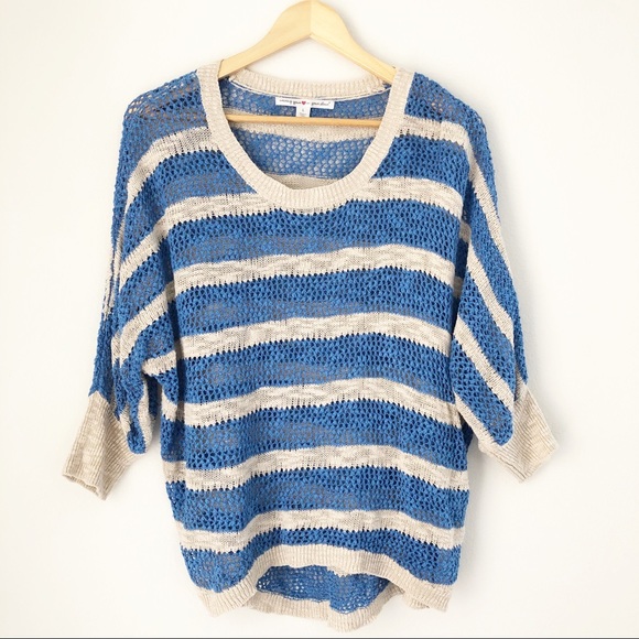 wearing your love on your sleeve Tops - Blue Beige Striped Knit Sweater Dolman Sleeve Top